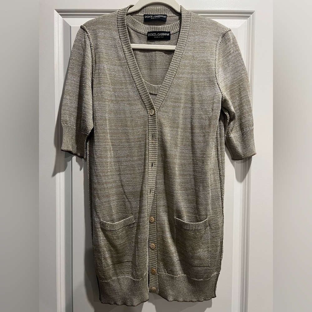 Dolce & Gabbana Metallic Beige Metallic Gold Silver Knit Button-Front Cardigan